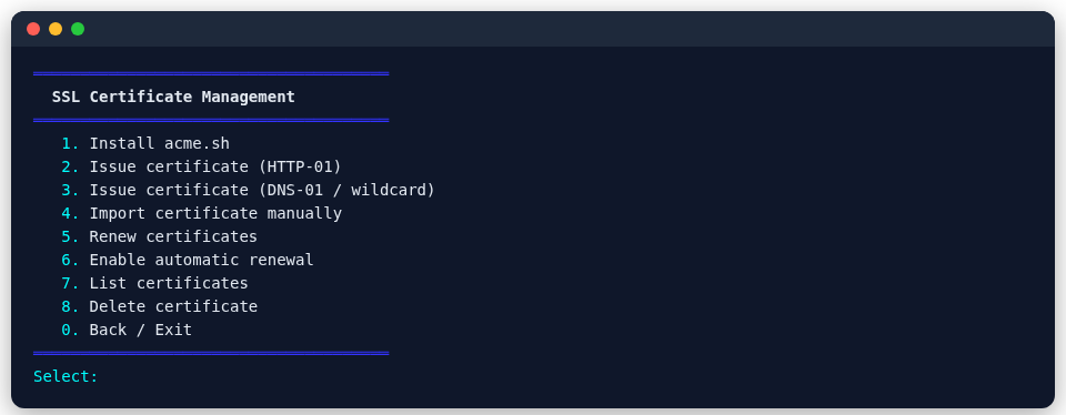 SSL certificate menu