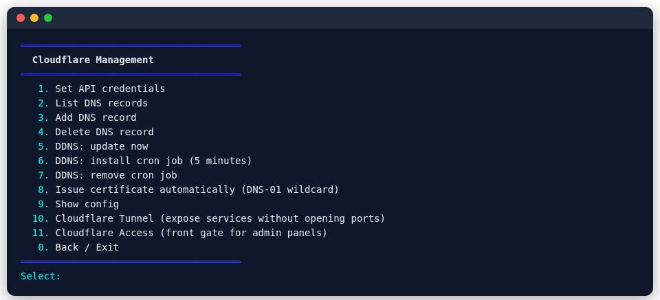 Cloudflare menu