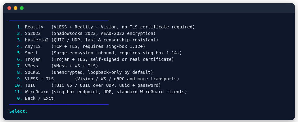 sing-box Snell node menu