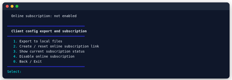 Client config export and subscription menu